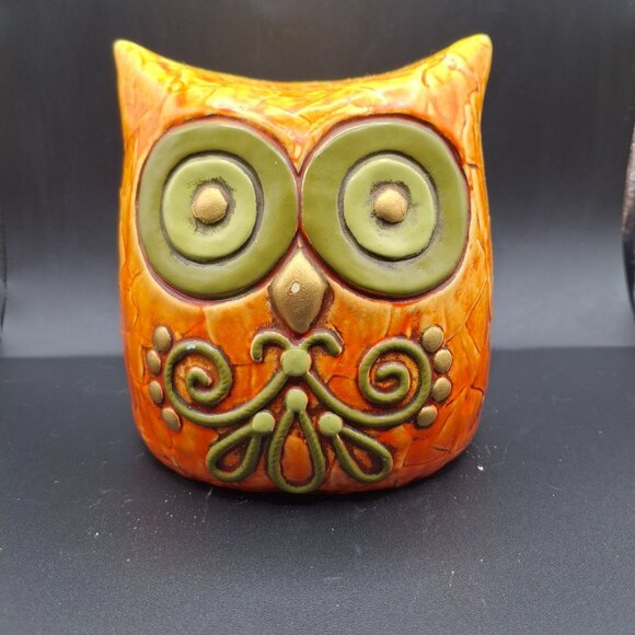 Vintage Ceramic Fitz & Floyd Owl Coin Bank Embossed Floral Orange-Green READ - Picture 1 of 8
